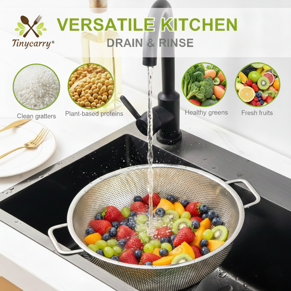 Tinycarry® Stainless Steel Kitchen Colander — Fine Hole Strainer Bowl, Dishwasher Safe