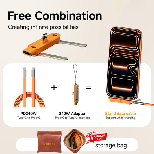 Tinycarry® 240W SuperCharge 360° Rotating Invisible Stand Detachable 2-in-1 Charging Cable, Zinc Alloy Silicone Type-C Cable, Compatible with Apple and Samsung, Essential for Gaming, Office and Car Use