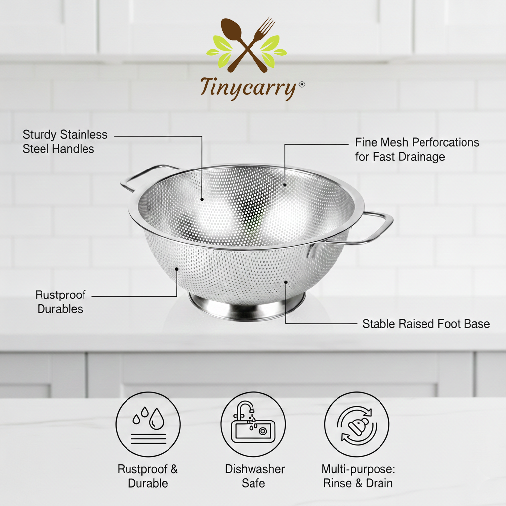 Tinycarry® Stainless Steel Kitchen Colander — Fine Hole Strainer Bowl, Dishwasher Safe