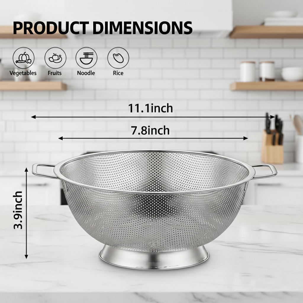 Tinycarry® Stainless Steel Kitchen Colander — Fine Hole Strainer Bowl, Dishwasher Safe